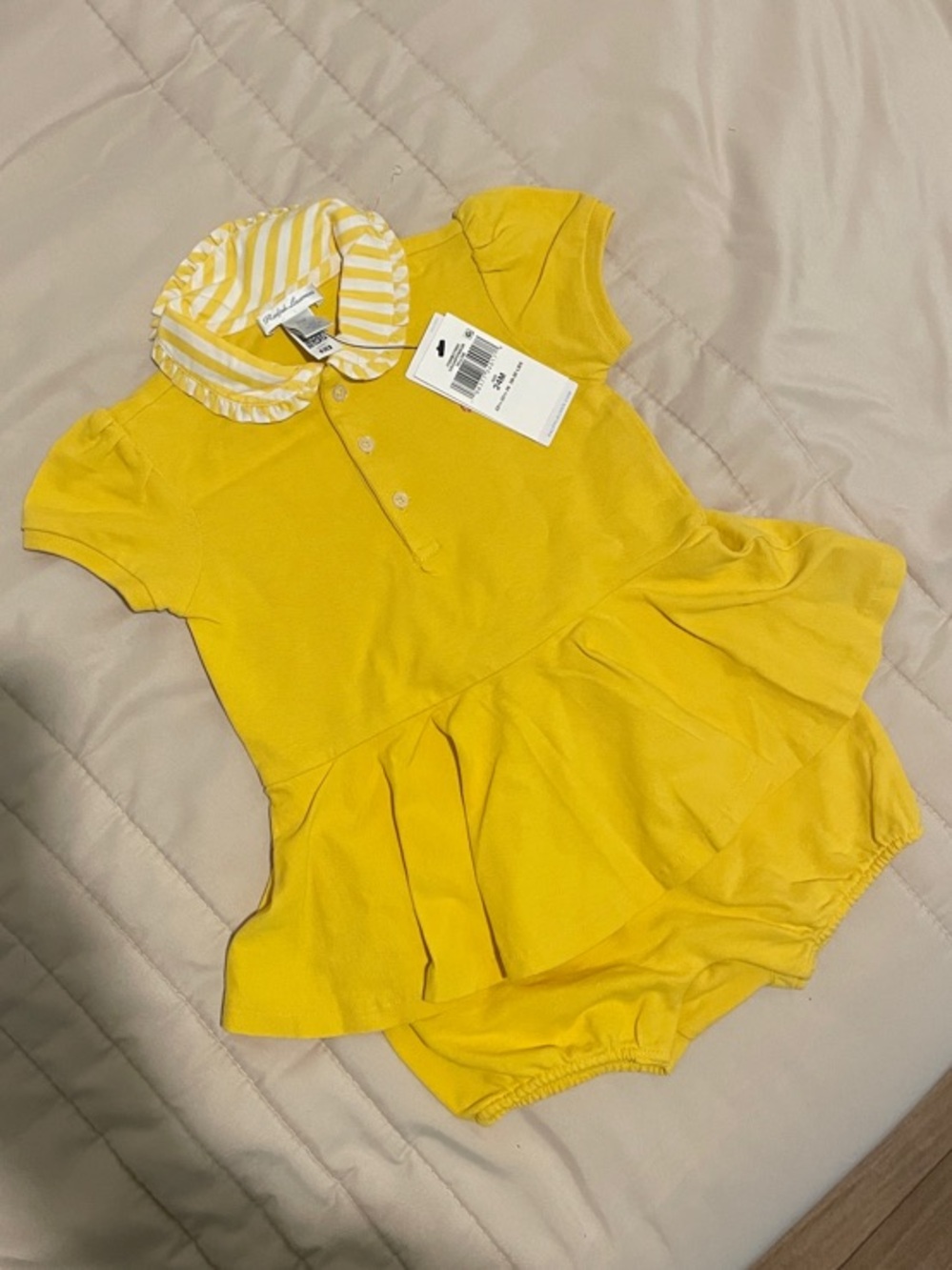 Polo by Ralph Lauren Yellow Baby Polo Dress Bodysuit with Striped Collar